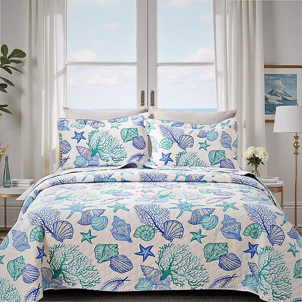 3 Piece Coastal Beach Quilt Set Full/Queen Size Ocean Theme Bedding Set Blue Gre