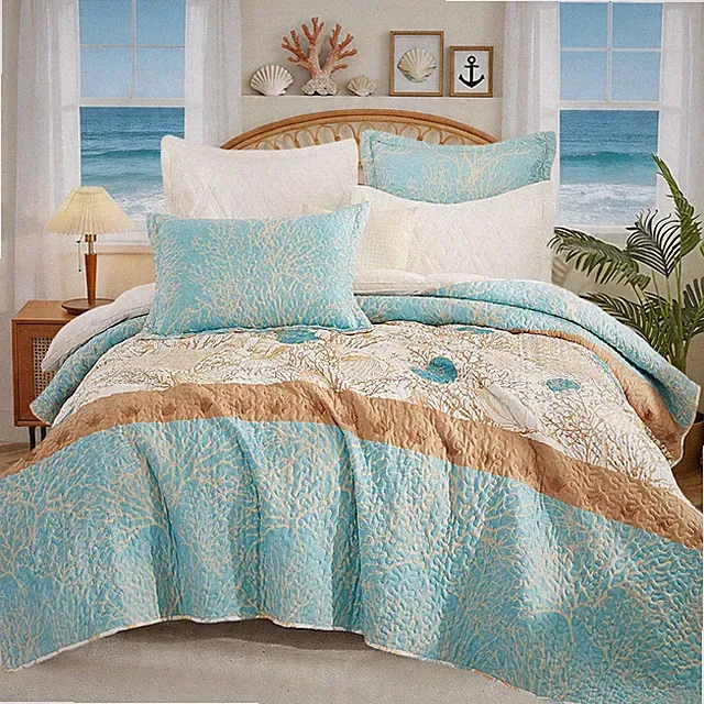 3 Pieces Coastal Quilt Sets Queen Size-Ocean Theme Coral Shell Starfish Conch Pa