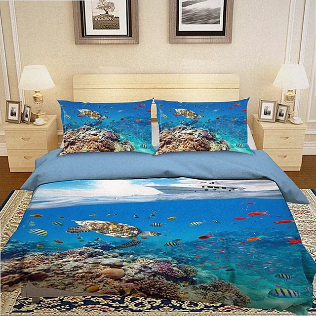 3D Blue Sea Turtle Yacht Fish Coral Quilt Cover Set Bedding Sets Pillowcases