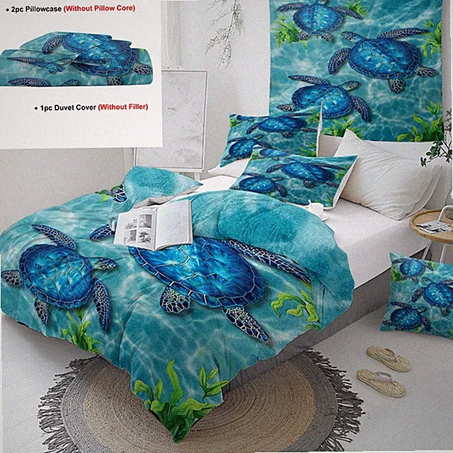 3PCS Green Sea Turtle Duvet Cover Set Ultra Soft Bedding Set All Season Bedroom