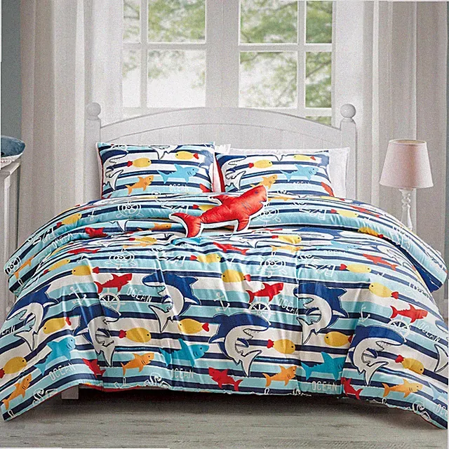 3PCS Sheet Cover Striped Decor Comfort Set Ocean Shark Print Quilt Set Bedspread