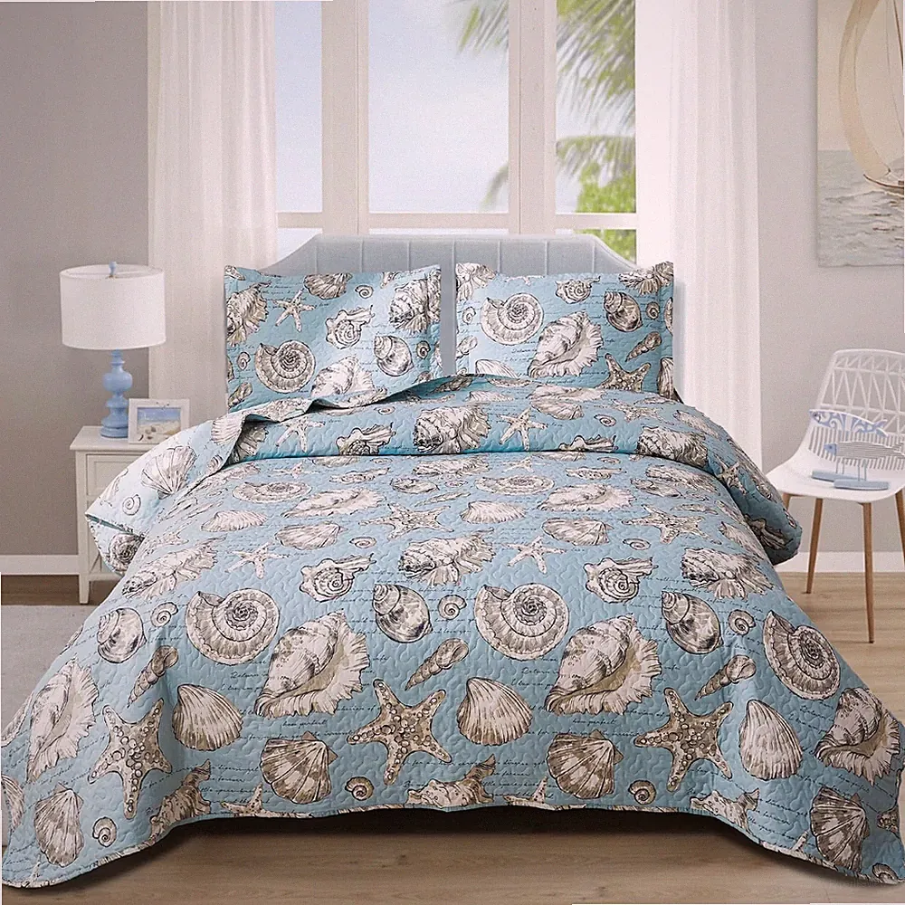 Beach Quilts Set Full/Queen Size Ocean Theme Bedspreads,3Pcs Seashell Conch S...