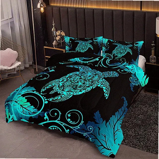 Blue Sea Turtles Comforter Set, Full Size, 3-Piece (1 Comforter + 2 Pillowcases)