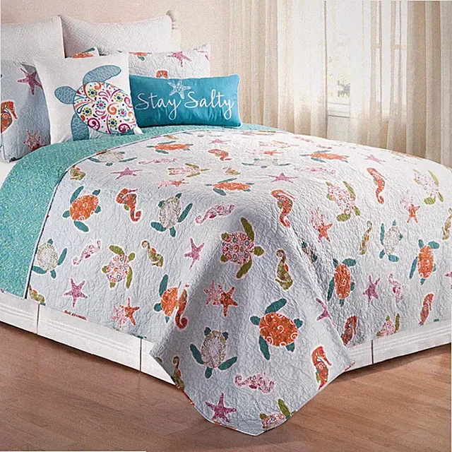 Coastal Quilt Set Queen Blue Orange Ocean Life Reversible Cotton Shams Bedding