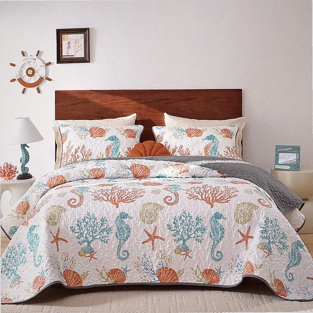 Coastal Quilt Set Queen Size 3 Pcs, Summer Orange Beach Theme Quilts with