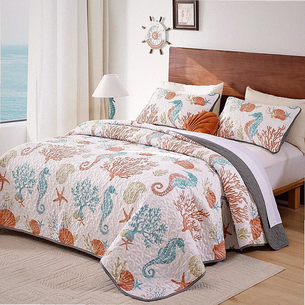 Coastal Quilt Set Size, 3 Pcs Summer Orange Beach Theme Queen Orange Ocean