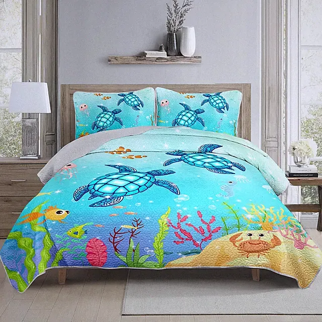 Coastal Turtle Quilts Bedding Set Full Size 3Pcs Ocean Watercolor Sea Turtle Qui