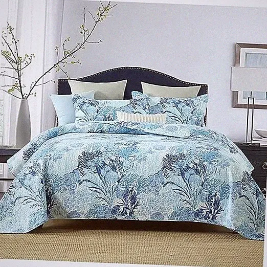 Cotton Coastal Bedspread Quilt Sets King (96 by 108 inch) Blue Ocean Seaweed