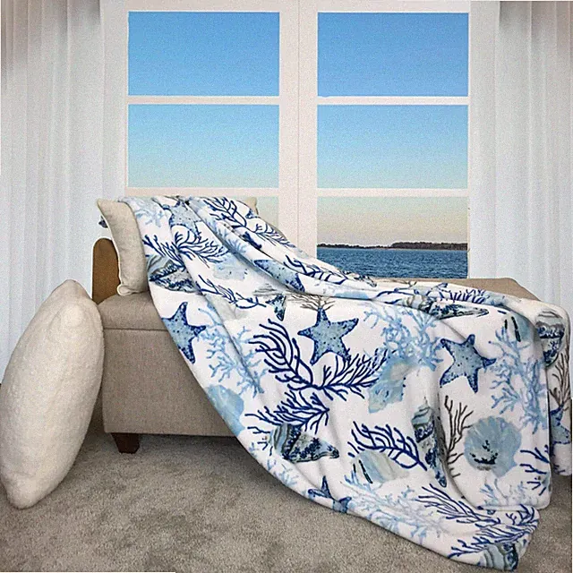Decorative Ocean Life Coastal Throw Blanket Soft Plush Velvet Fleece Blues White