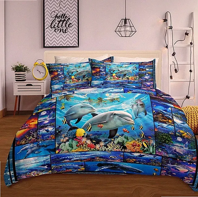 Dolphin 3pcs Full Comforter Set Soft Lightweight Microfiber Blue Ocean Animal