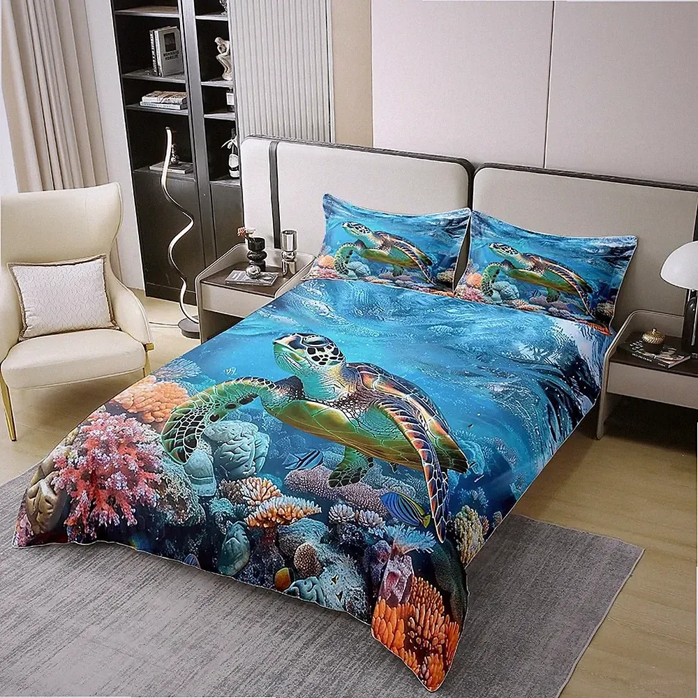 jejeloiu Sea Turtle Duvet Cover 100% Cotton King Size Ocean Bedding Cotton Du...