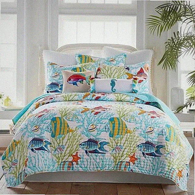 Levtex Home Beachwalk Fish Print Ocean 3Pcs FULL/QUEEN Quilt Set NEW