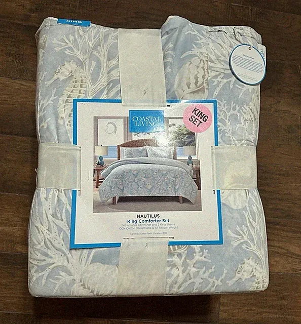 New Coastal Living Nautilus Blue Sea Life King Comforter & Shams Set 3pc