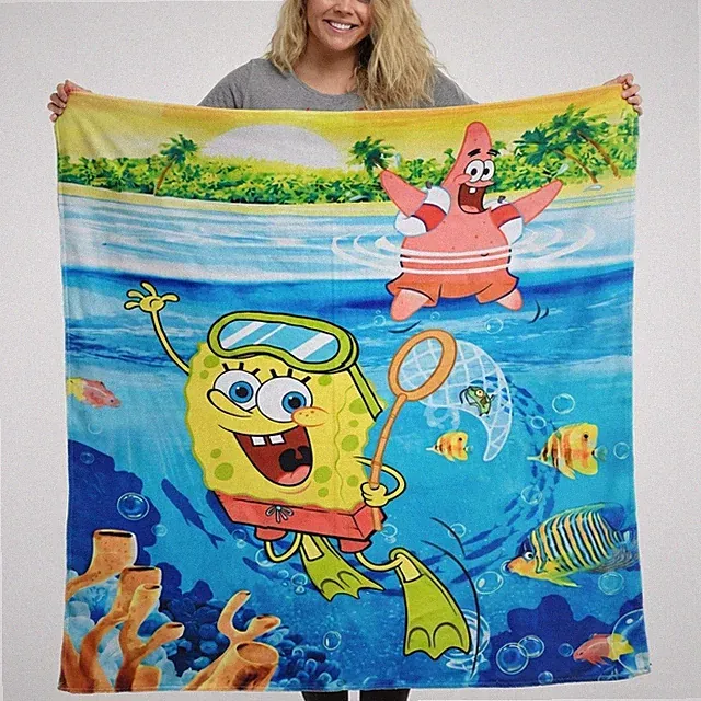 Ocean Cartoon Yellow Sea Sponge & Star Character Flannel Blanket Kids Gift