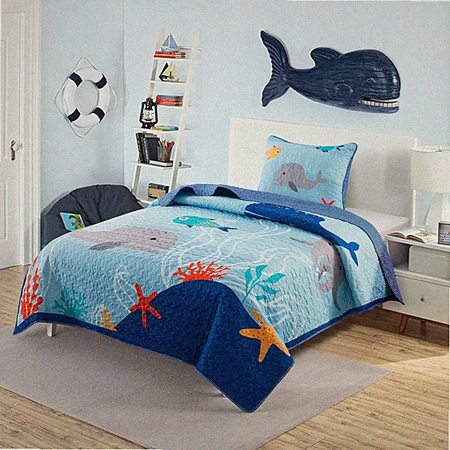 Ocean Explorer Quilt Set - Twin Size with 1 Sham, Kids Ocean Themed Quilted Beds