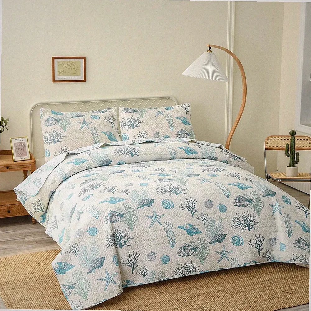 Ocean Quilt Set Full/Queen Size Coastal Beach Theme Bedding Lightweight Reversib