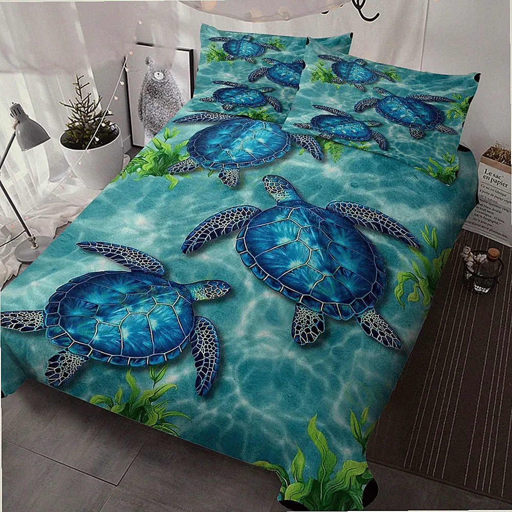 Ocean Turtle Duvet Cover Set Blue Sea Turtle and Seaweed Bedding Set