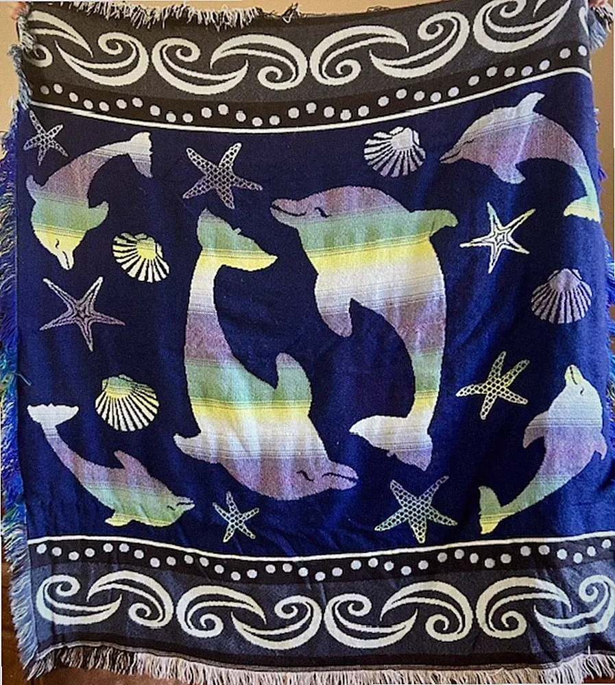 Reversible Ocean-Themed Throw Blanket with Dolphins and Starfish