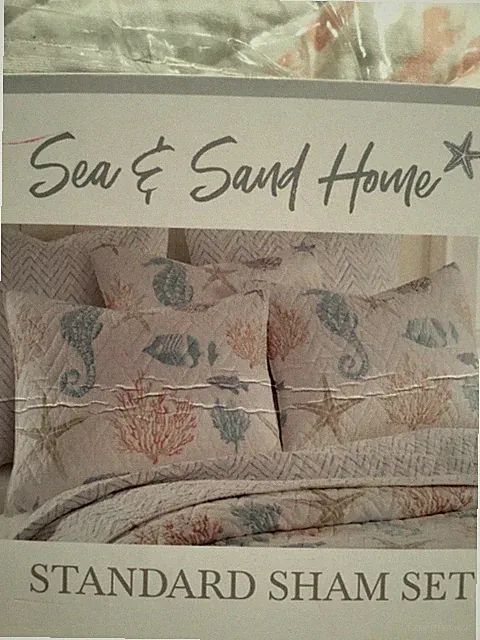 Sea & Sand Pillow Shams Standard 2 PC SET COASTAL Sea Creatures Quilted NEW