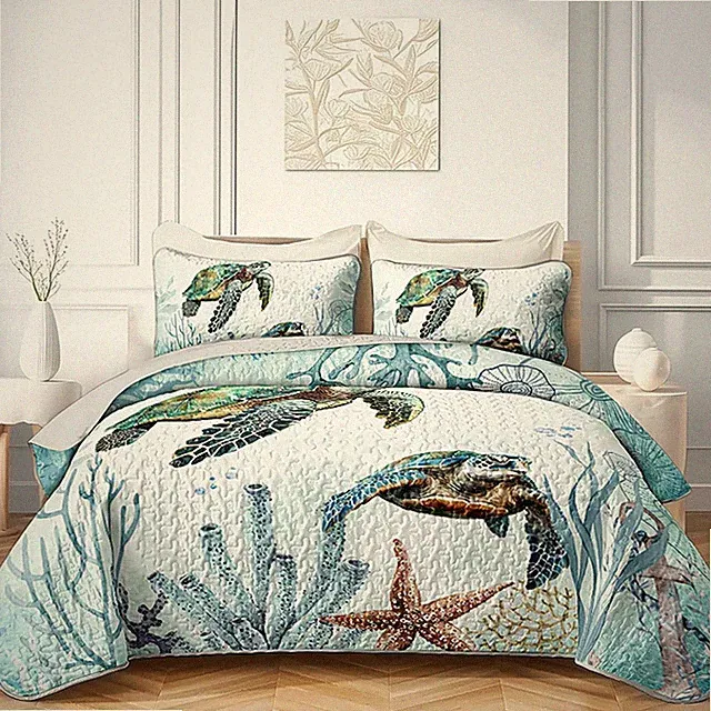 Sea Turtle Bedding Quilt Set Queen Size,Teal Blue Ocean Beach Coastal Bedspread