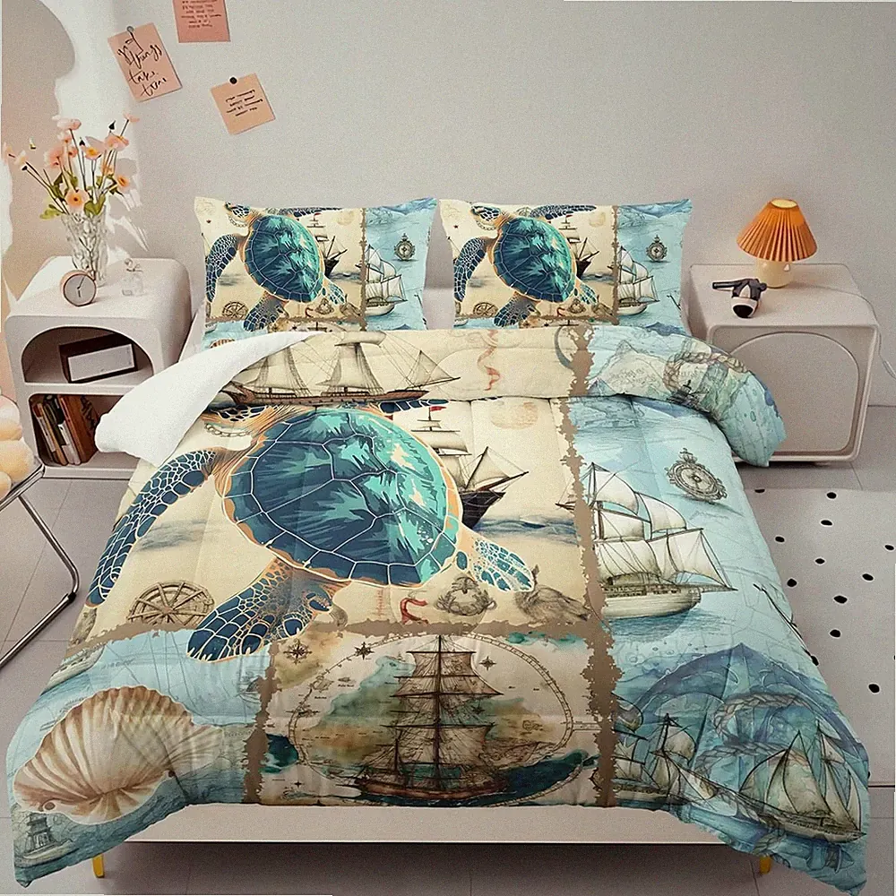 Sea Turtle Comforter Set Full Navigation Theme Bedding Sets 3PCS for Kids Teen A