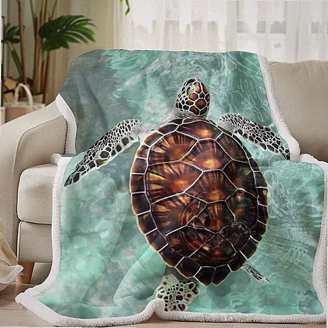 Sea Turtle Sherpa Blanket Comfort Warmth Teal Beach Turtle Pattern Plush Blanket