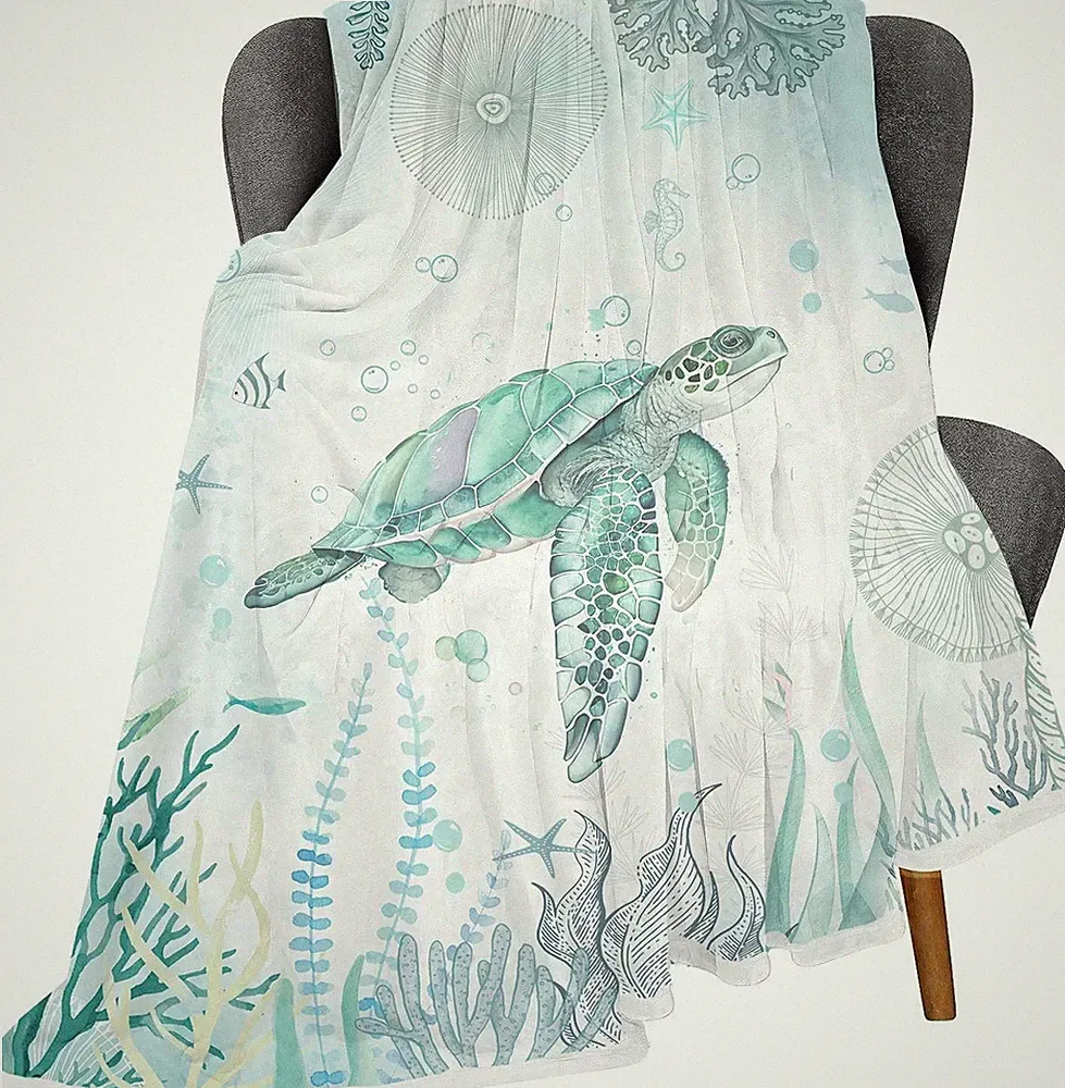 Sea Turtle Throw Blankets,Blue Teal Ocean Beach Nautical Coastal Fish Beachy...
