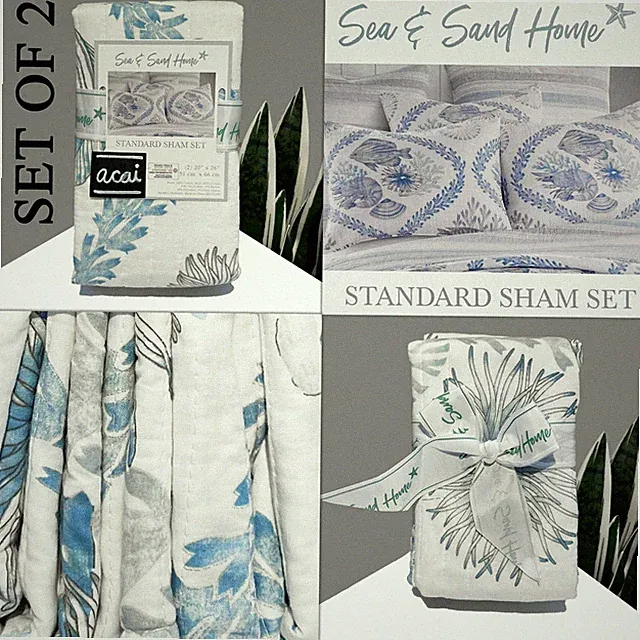 SET OF 2 Sea & Sand Home Coral Fish White Blue Quilted Standard Cotton Shams
