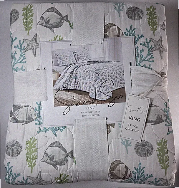 Sun and Sea King 3 Pc Quilt Set Coastal Nautical Fish Coral Starfish 2 Shams