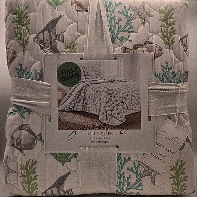 Sun and Sea Queen/ Full 3 Pc Quilt Set Coastal Nautical Fish Coral Starfish