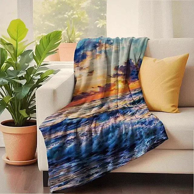 Sunset Ocean Waves Plush Blanket Beach House Decor