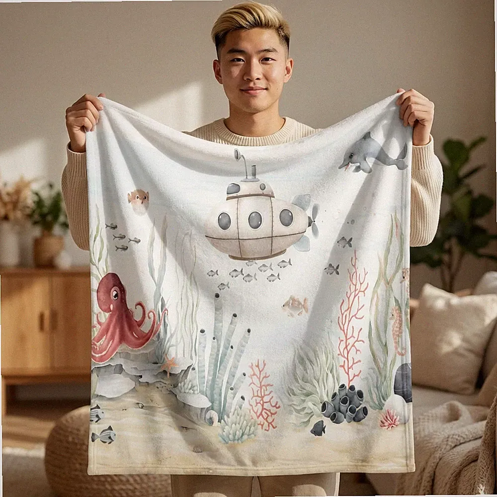 Underwater Sea Life Submarine Baby Blanket | Ocean Nursery Throw
